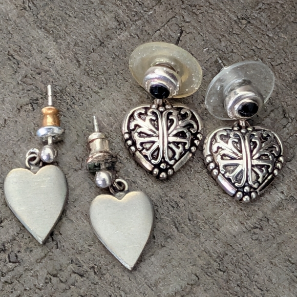 Silver Tone Tiny Heart Post Drop Earrings Set - Picture 6 of 12